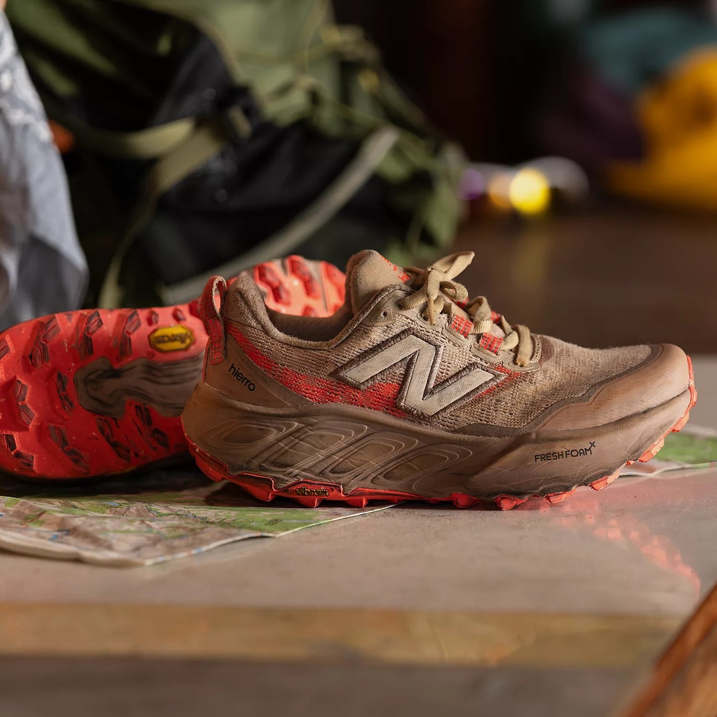 New Balance Fresh Foam X Hierro v9 Wide | Desert Clay / Flat Taupe / Urgent Red | Womens