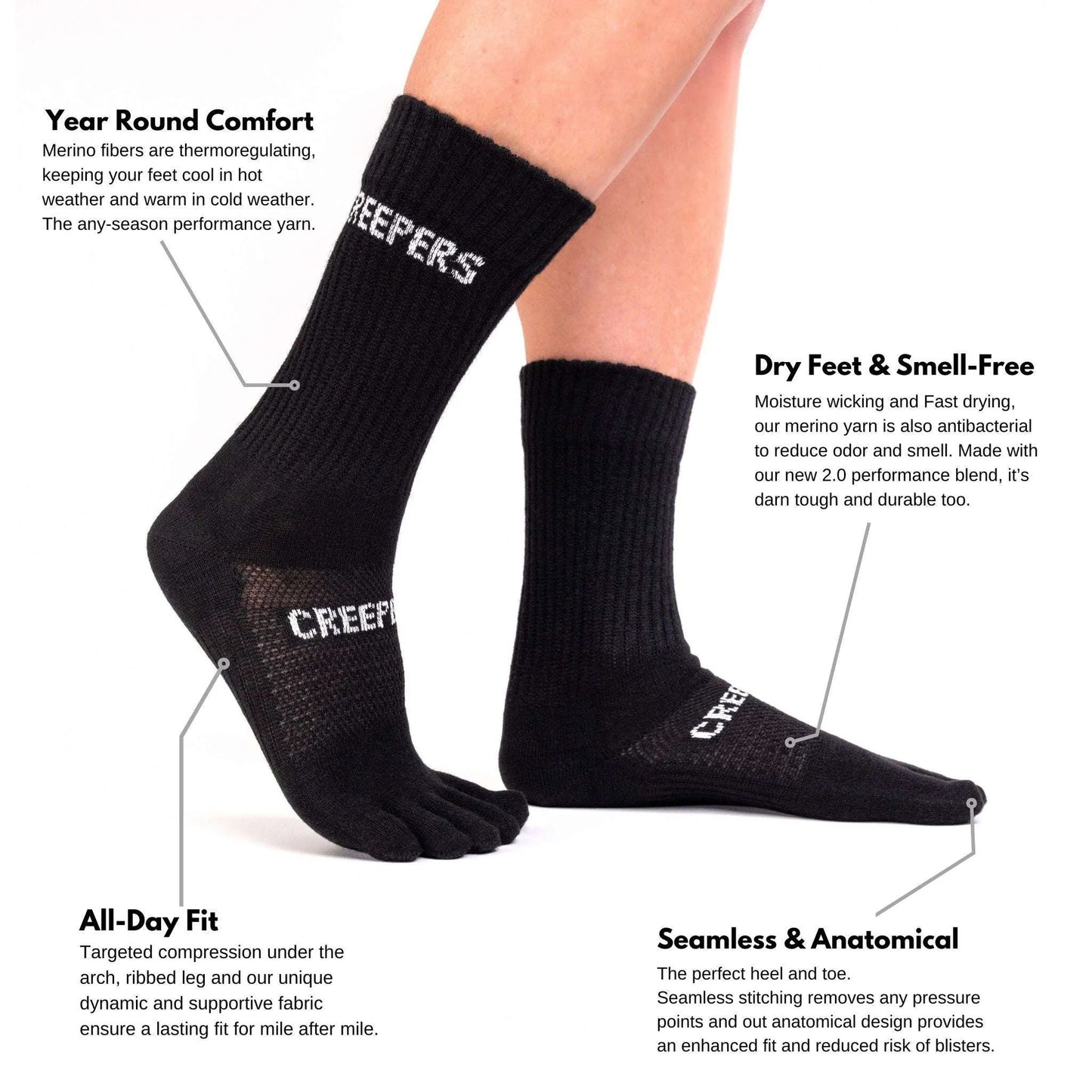 Creepers Merino Toe Socks | Crew Length | Black